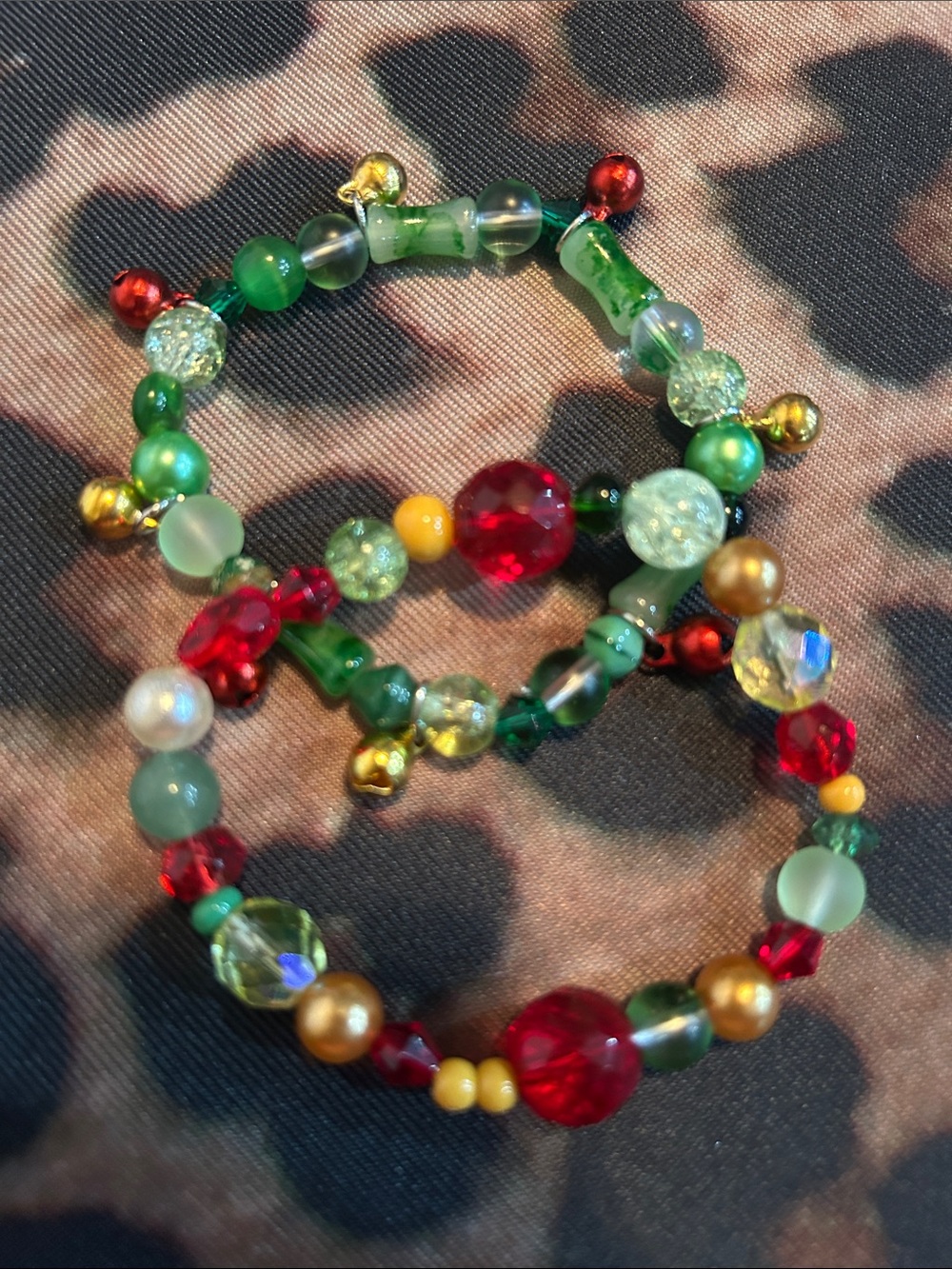 Hand Crafted Red, Green & Gold Beaded Stretch Bracelet Set